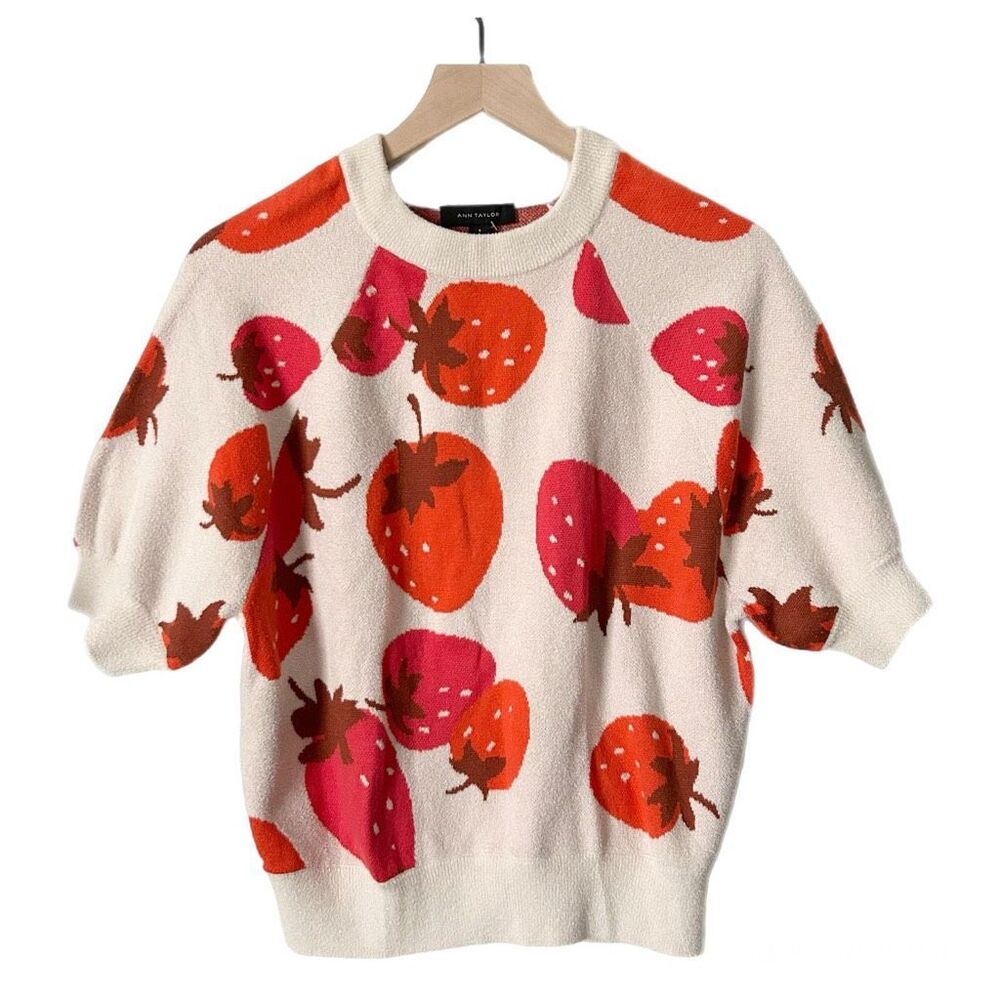 Ann Taylor pale pink Sweater with Red & Pink Strawberry Print
